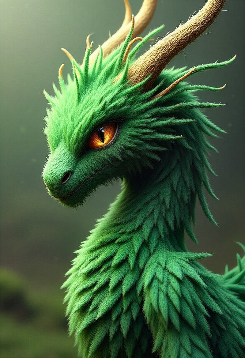 An dragon  made of green fur needles