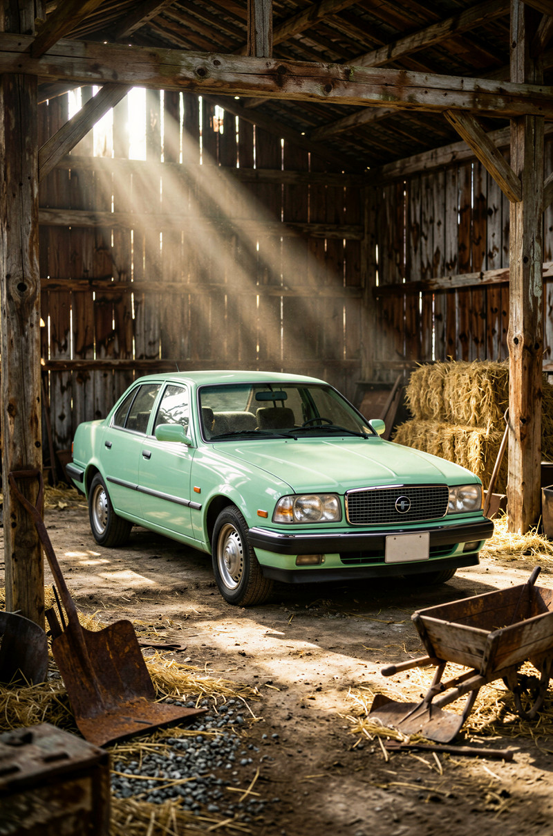 Subject: A meticulously preserved, mint-condition Opel Omega sedan, gleaming in a soft pastel mint green. The 