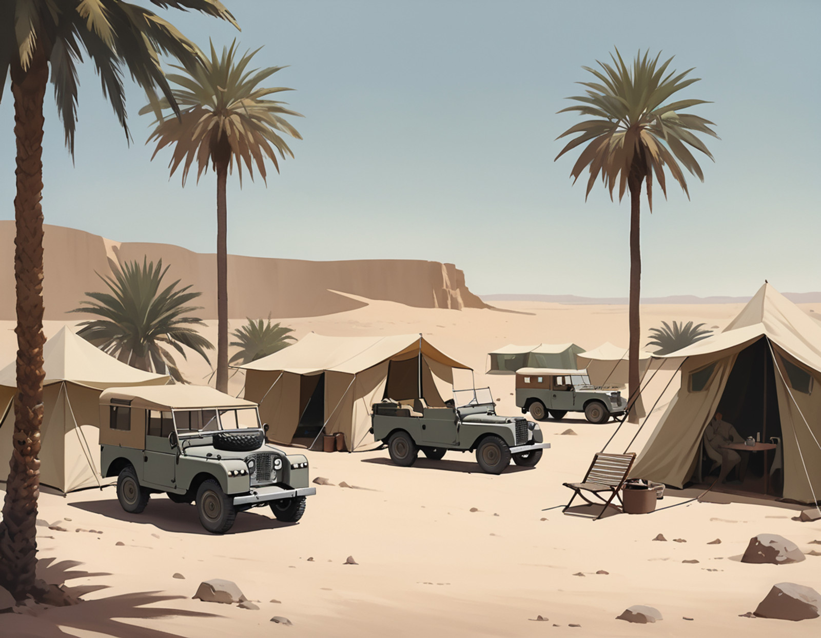 A desert oasis rest stop in North Africa, 1920s, travelers resting under palm trees, old Land Rover parked nearby, canvas tents, vintage explorer gear,, High quality, best quality, masterpiece, muted tones, desaturated colors, loneliness, quiet introspection, stillness, melancholic atmosphere, 1940s American realism, mid-century architecture, vintage clothing styles,  oil painting texture, canvas brush strokes, in the style of an Edward Hopper painting