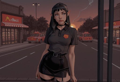 masterpiece, 4tl4nt1s-style, elfinsmooth, best quality, highres, absurdres, very aesthetic, illustration, perfect composition, intricate details, high resolution, realistic, high quality, highly detailed, ultra high quality, perfect anatomy,(detailed:1.1),

solo, 1girl, 25yo, elf girl, goth, mature face, dark grey eyes, slender, slim, medium breasts, black hair, long hair, undercut, straight bangs, short bangs, nose ring, black polo shirt, mcdonalds polo shirt, name tag, choker, short skirt, black skirt, tight skirt, thigh-high straps, thigh highs, dynamic pose, smoking cigarette,


outdoors, fast food restaurant, parking lot, mcdonalds logo, sunset, parked cars,