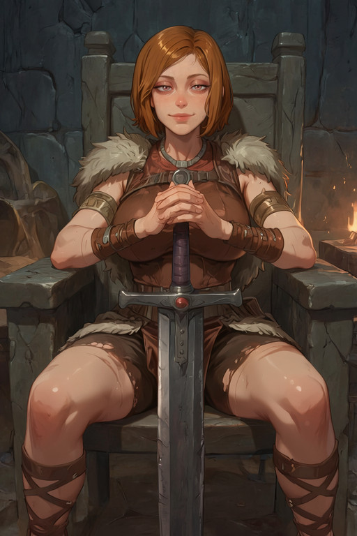 masterpiece, best quality, score_9,score_8,cl4r4,brown_eyes, freckles, short hair,
dutch angle .she is sitting on a stone barbarian throne, she is wearing a barbarian attire with leather and fur, the light source is fire. between her legs she is holding both hands on the pommel a massive great sword while looking at viewer with confidence.
