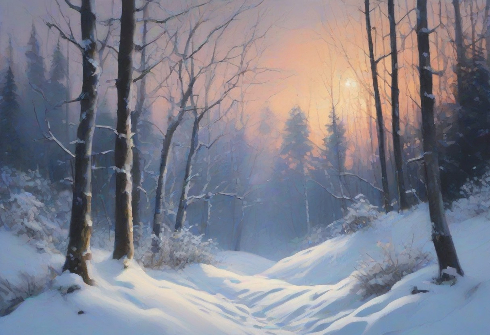 masterpiece, lazypos, best quality, amazing quality, highres, very detailed, very aesthetic, (landscape1.4), perfect image. a snow covered forest at twilight, "Cinematic" art style.