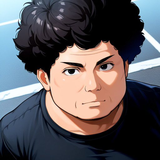 masterpiece, best quality, anime_coloring,neesan,pcn bba, afro,  1boy, solo, black hair, black eyes,black shirt,  portrait, street, upper body, large_breasts, dutch_angle, from above, looking_at_viewer, 
