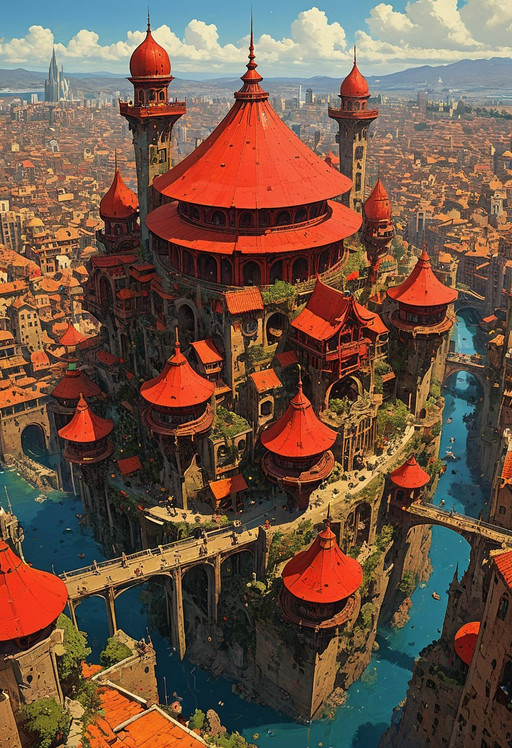 Art painting by Ian McQue and Takashi Murakami and Naoki Saito, , artstation trending, by greg rutkowski and beksinski, masterpiece, Digital illustration, aerial view, stacked architecture city on giant towers and rings with many arches and bridges and flowering terraces, (many pagodas with red roof), colorful buildings, sci-fi futuristic architecture, multiple levels, many spaceships, a matte painting by james gurney, trending on cgsociety, oversaturated, ultra sharp, hyper realistic,
