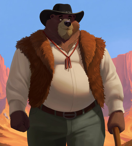 <lora:Anh3s_Anima:0.7> @anh3s
a cowboy, wild west theme, anthro ,furry , grizzly bear, strongman build, grey bushy mountain man beard and mustache, brown fur, thick overgrown whiskers, warm smile, holding a axe , black bowler hat,
white long sleeve shirt, brown fur vest, greenish grey pants, fat, mountain background, blue sky, wild west theme, looking into distance , cinematic
, <lora:dark_art_style_Anima:0.2> <lora:eckiiaaoo_ap3:0.2> , solo,