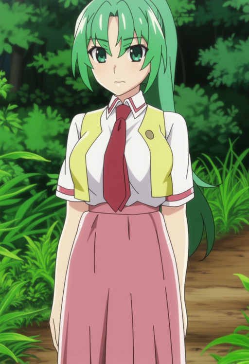 masterpiece, best quality, score_7, amazing quality,, cowboy shot, solo, looking at viewer, , <lora:mion-sonozaki-s4-anima-lora-nochekaiser:1>, mion sonozaki, sonozaki mion, long hair, green eyes, ponytail, green hair, mature female, large breasts, anime screencap, skirt, shirt, white shirt, short sleeves, necktie, vest, red necktie, pink skirt, high-waist skirt, long skirt, open vest, yellow vest,, lotus position, path, dirt, nature, plants,