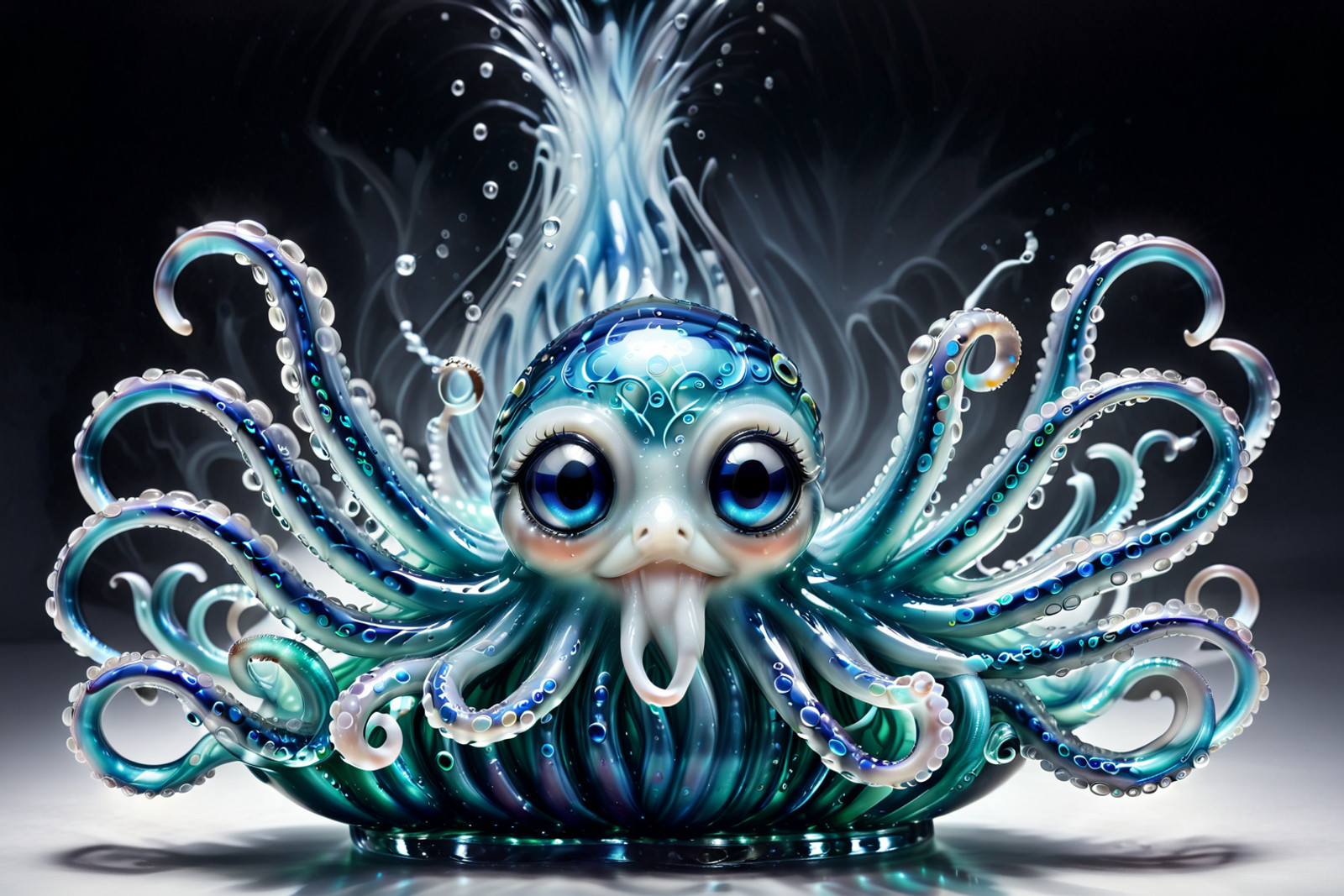 Picture a humorous Murano glass octopus who looks as if it accidentally wandered out of a Venetian opera rehearsal and decided to stay.

Its bulbous head is blown from translucent coral-red glass infused with delicate trails of aventurine, sparkling faintly like stardust suspended in syrup. Swirls of turquoise and seafoam green spiral through the body, echoing the colors of the lagoon at sunset. The surface is impossibly smooth, yet alive with trapped bubbles that give it a gently effervescent personality — as though it is quietly giggling inside.

Each tentacle curls dramatically outward in exaggerated theatrical gestures, as if conducting an invisible orchestra. The suction cups are tiny domes of milky opaline glass, slightly oversized for comedic effect, giving the impression that the octopus might accidentally stick to absolutely everything. One tentacle is raised higher than the others, delicately holding a miniature glass masquerade mask in shimmering gold leaf — a playful nod to Venetian carnival tradition.

Its eyes are two clear glass spheres with suspended silver flecks, wide and overly expressive, conveying dignified surprise. The base is shaped like a stylized wave in deep cobalt blue, tipped with transparent crests that catch the light and fracture it into shimmering fragments across the table.

When sunlight hits the sculpture, it scatters radiant reflections like liquid confetti, making the octopus appear both majestic and slightly ridiculous — a refined lagoon aristocrat with the soul of a cheerful jester, forever frozen mid-performance in luminous Murano glass.