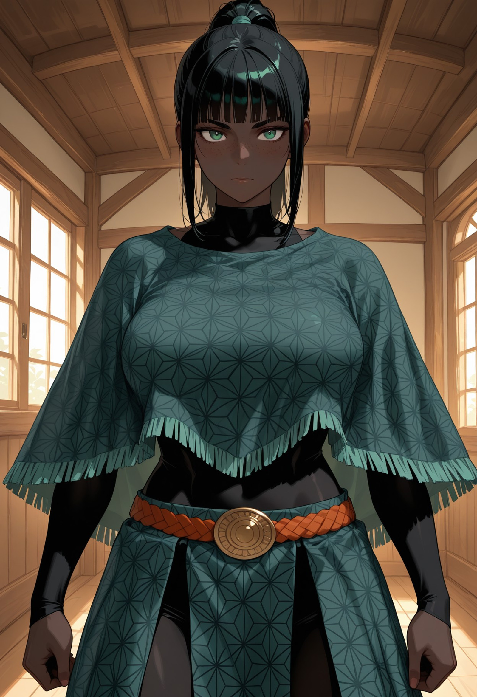 best_quality, masterpiece, highres,
indoors, ancient_house, wooden_cabin,
inca, incan, ancient_world, 

woman, 30_year_old, (very dark skin:1.2), very_dark_skin, african, (very_dark_skin: 1.3),  medium_breasts, green_eyes, (((black_hair))), ((blunt_bangs)), medium_hair, short_high_ponytail, side_locks, (straight_hair), freckles, ((freckles_on_face)), thick_eyebrows, tall, slightly_muscular, toned,

serious_expression,

((incan_inspired_clothing:1.2)),
((closed_short_poncho:1.2)),
midriff,

split_side_skirt,
long_overskirt,


((light_brown_clothes)),
((geometric_woven_trim:1.2, andes_pattern_trim:1.2)),

cloth_belt,
(black_bodystocking_underclothes),
