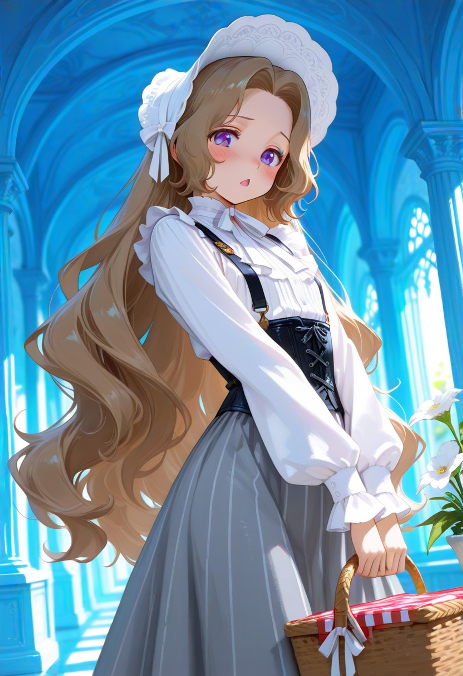 masterpiece, very aesthetic, best quality, 8k, Anime-art, amazing quality, very awa, absurdres, newest, high detail, cinematic lighting, (impressionism:1.5), high detail, depth of field, (blurred background), (dramatic lighting), atmospheric, dynamic angle, volumetric lighting, (1girl, solo:1.2),
nunnally vi britannia, purple eyes, brown hair, very long hair, chest, (short torso:1.3), long legs,
bonnet, ruffle shirt, white shirt, long sleeves, ribbon, white flower, grey skirt, corset, suspenders, vertical-striped clothes, white ribbon,
shy, chestnut mouth, open mouth, blush, looking at viewer, (v arms:0.8), holding picnic basket, sway back, cowboy shot, (dynamic pose:1.2),
indoors, columns, (palace, main hall, large room),