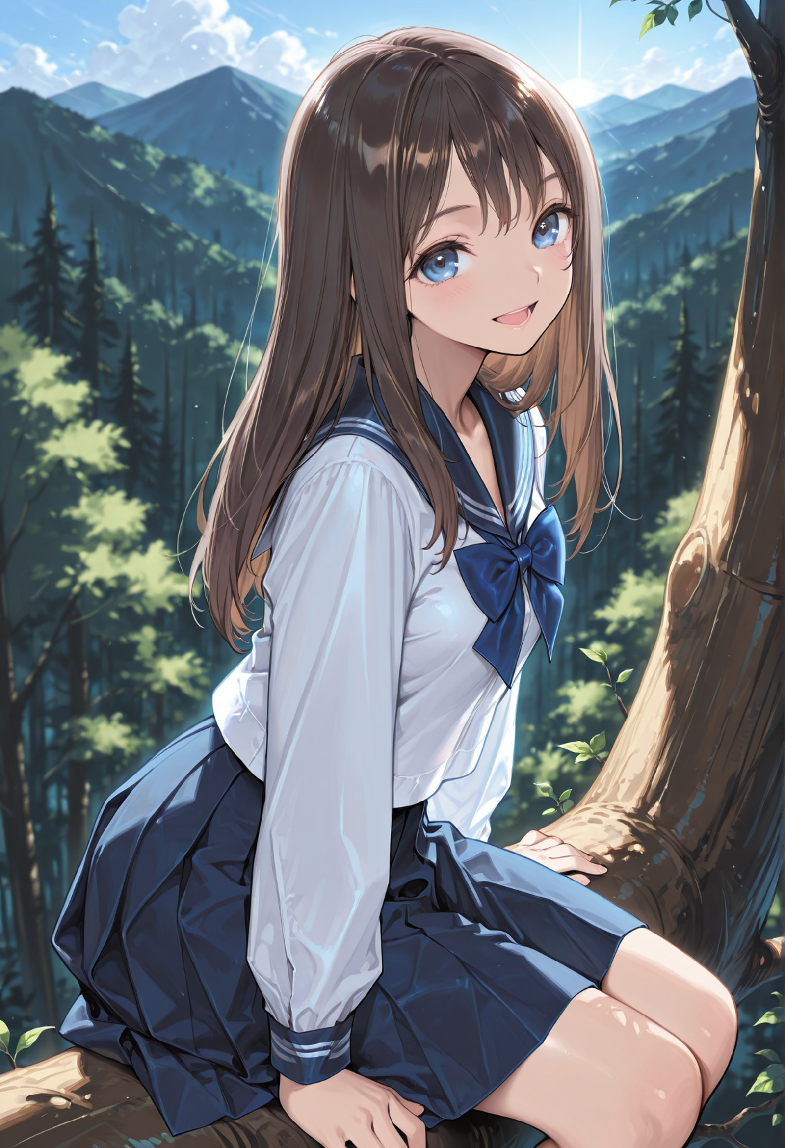 nsfw, 1girl, masterpiece, amazing quality, hyper detailed, 4k, backlighting, ((blurry background)), detailed eyes,
high angle, from side, cloud, blue sky, sitting, sitting on branch, leaning on tree trunk, forest, mountainous background, dappled sunlight,
looking at viewer, happy smile, open mouth,
shiho_ksg, uniform_shiho, long hair, brown hair, blue eyes, small breasts, 
neck bow, blue bow, white serafuku, untucked shirt, long sleeves, blue skirt, medium skirt, pleated skirt, 
<lora:ShihoKasuga:1>