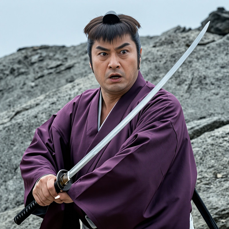 chonmage.mushiri, male warrior, samurai, intense expression, close-up, outdoor, rocky landscape, traditional a