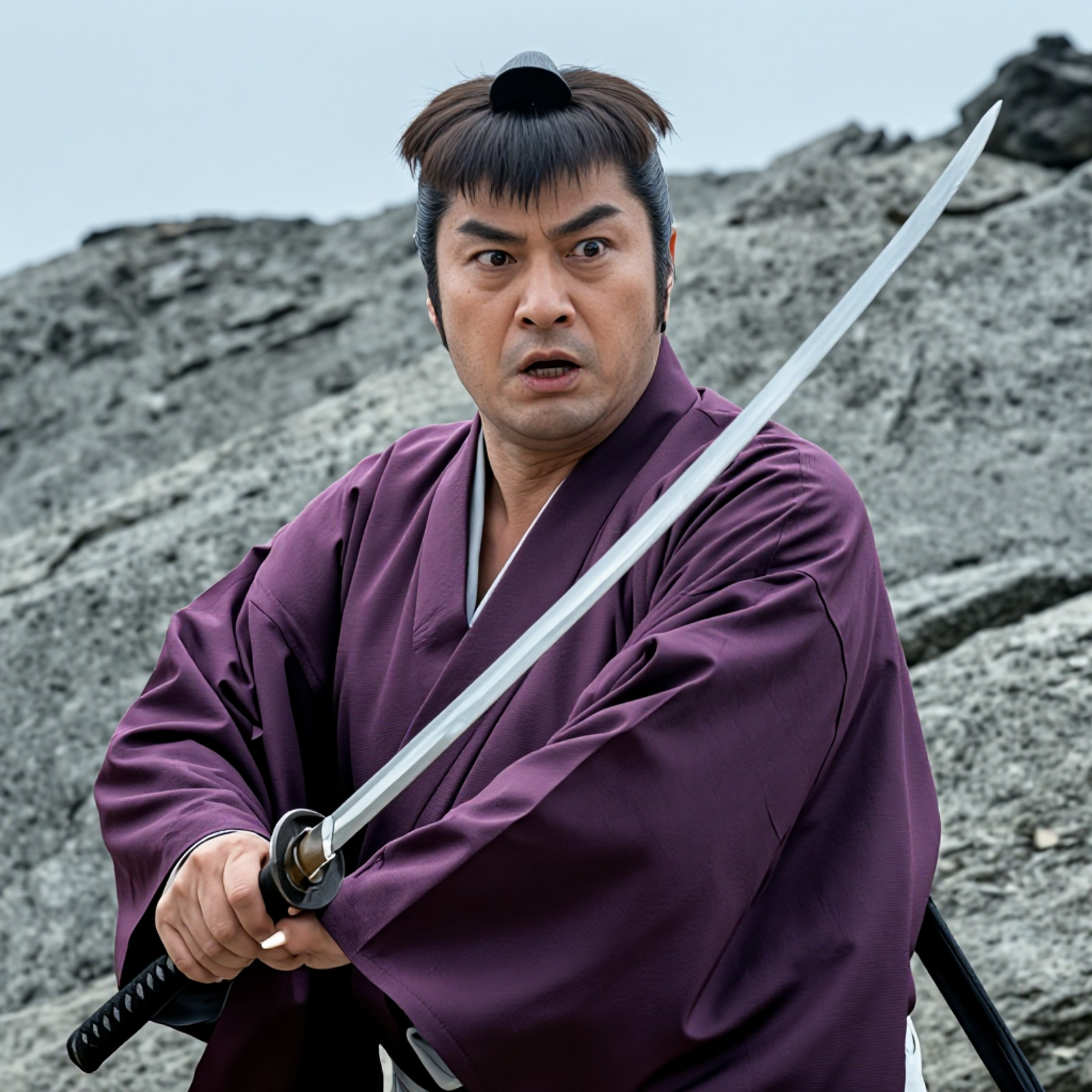 chonmage.mushiri, male warrior, samurai, intense expression, close-up, outdoor, rocky landscape, traditional attire, focused eyes, 1boy, holding a sharp katana with both hands, tonosama, 1990s japanese tv drama aesthetic, wide-eyed surprised expression, mouth slightly open, dynamic mid-action sword stance, holding a sharp katana with both hands, positioned across his chest, textured purple linen kimono, Bright overcast sky, sword blade overlapping fac <lora:p4j:1> <lora:mushiri:0.90>