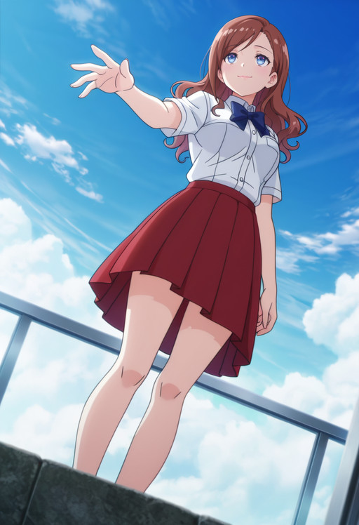 masterpiece, best quality, amazing quality, anime_screencap, anime_coloring, Eyes looking up with longing, lips slightly pursed, face flushed with desire, meek, submissive smile, YJSChiaki, brown_hair, blue_eyes, long_hair, wavy_hair, swept_bangs, solo,  ChiakiSchoolA, school_uniform, white_shirt, short_sleeves, blue_bow, blue_bowtie, collared_shirt, dress_shirt, red_skirt, low-angle view, full body, from below, standing, clear blue skies, cloud, reaching towards viewer, <segment:girl's face,0.55,0.2//cid=11> Eyes looking up with longing, lips slightly pursed, face flushed with desire, meek, submissive smile, YJSChiaki, brown_hair, blue_eyes, long_hair, wavy_hair, swept_bangs,