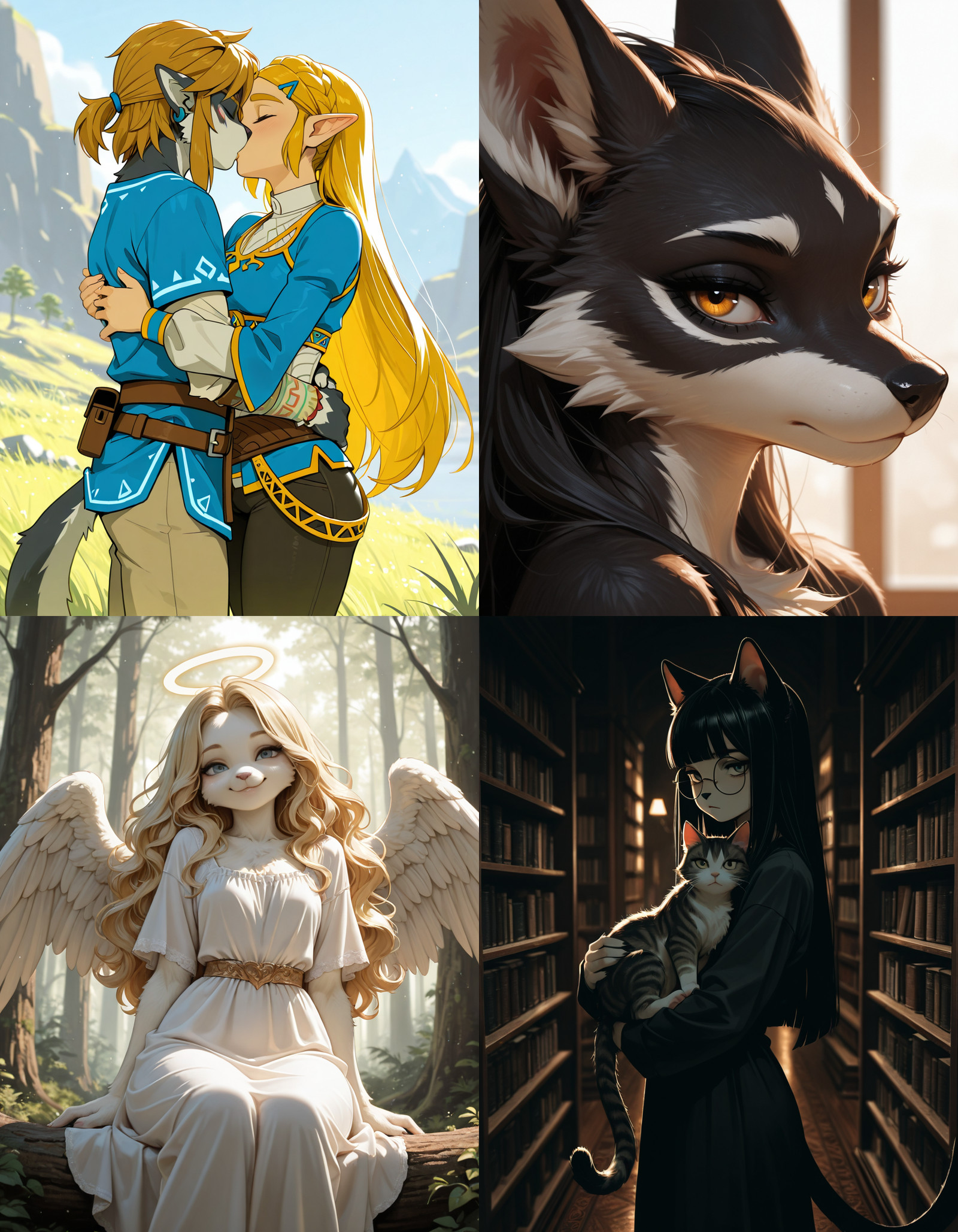 https://civitai.com/articles/8642 __ 1st image: masterpiece, best quality, 1girl, 1boy, princess zelda, the legend of zelda: breath of the wild, standing, kiss, hug, closed eyes, outdoors , furry __ 2nd image: masterpiece, best quality, 1girl, face, portrait, looking at viewer, closed mouth , furry __ 3rd image: masterpiece, best quality, 1girl, solo, blonde hair, wavy hair, angel, angel wings, halo, smile, sitting, forest, white dress , furry __ 4th Image: masterpiece, best quality, 1girl, solo, long hair, black hair, blunt bangs, straight hair, round eyewear, cat girl, cat ears, cat tail, standing, holding cat, cat, looking at viewer, library, dark, dim lighting , furry