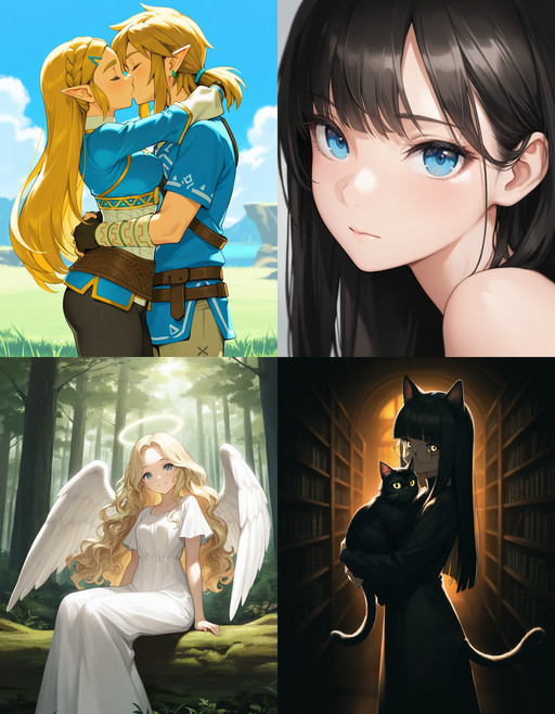 https://civitai.com/articles/8642 __ 1st image: masterpiece, best quality, 1girl, 1boy, princess zelda, the legend of zelda: breath of the wild, standing, kiss, hug, closed eyes, outdoors __ 2nd image: masterpiece, best quality, 1girl, face, portrait, looking at viewer, closed mouth __ 3rd image: masterpiece, best quality, 1girl, solo, blonde hair, wavy hair, angel, angel wings, halo, smile, sitting, forest, white dress __ 4th Image: masterpiece, best quality, 1girl, solo, long hair, black hair, blunt bangs, straight hair, round eyewear, cat girl, cat ears, cat tail, standing, holding cat, cat, looking at viewer, library, dark, dim lighting