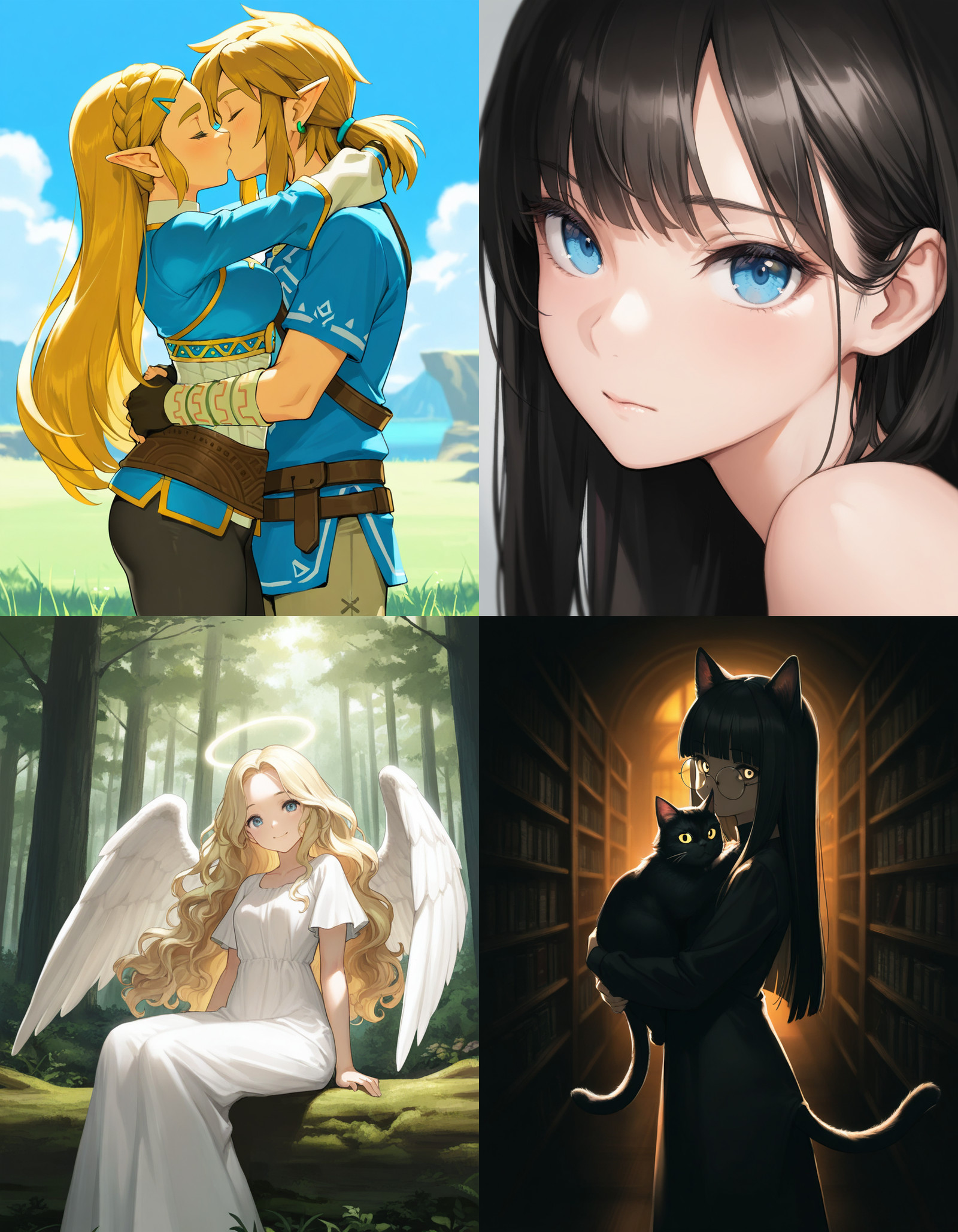 https://civitai.com/articles/8642 __ 1st image: masterpiece, best quality, 1girl, 1boy, princess zelda, the legend of zelda: breath of the wild, standing, kiss, hug, closed eyes, outdoors __ 2nd image: masterpiece, best quality, 1girl, face, portrait, looking at viewer, closed mouth __ 3rd image: masterpiece, best quality, 1girl, solo, blonde hair, wavy hair, angel, angel wings, halo, smile, sitting, forest, white dress __ 4th Image: masterpiece, best quality, 1girl, solo, long hair, black hair, blunt bangs, straight hair, round eyewear, cat girl, cat ears, cat tail, standing, holding cat, cat, looking at viewer, library, dark, dim lighting