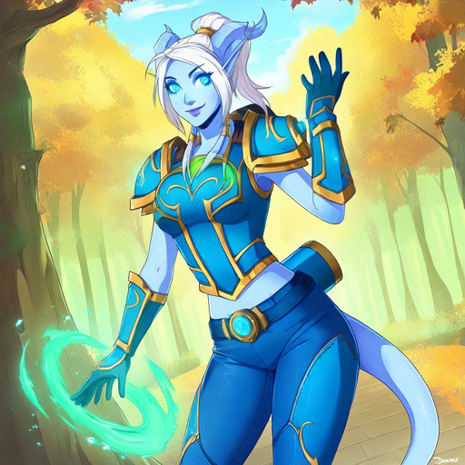 masterpiece, high quality, 1female, solo, mature, highly detailed, World of Warcraft, WoW, draenei, drnei, blue skin, blue eyes, white hair, long ponytail, pointy ears, horns, tail, shoulderpads, blue leather vest, blue leather gloves, blue leather pants, beautiful face, smiling, standing, casting green spell, quiver on back, day, forest, front view, details