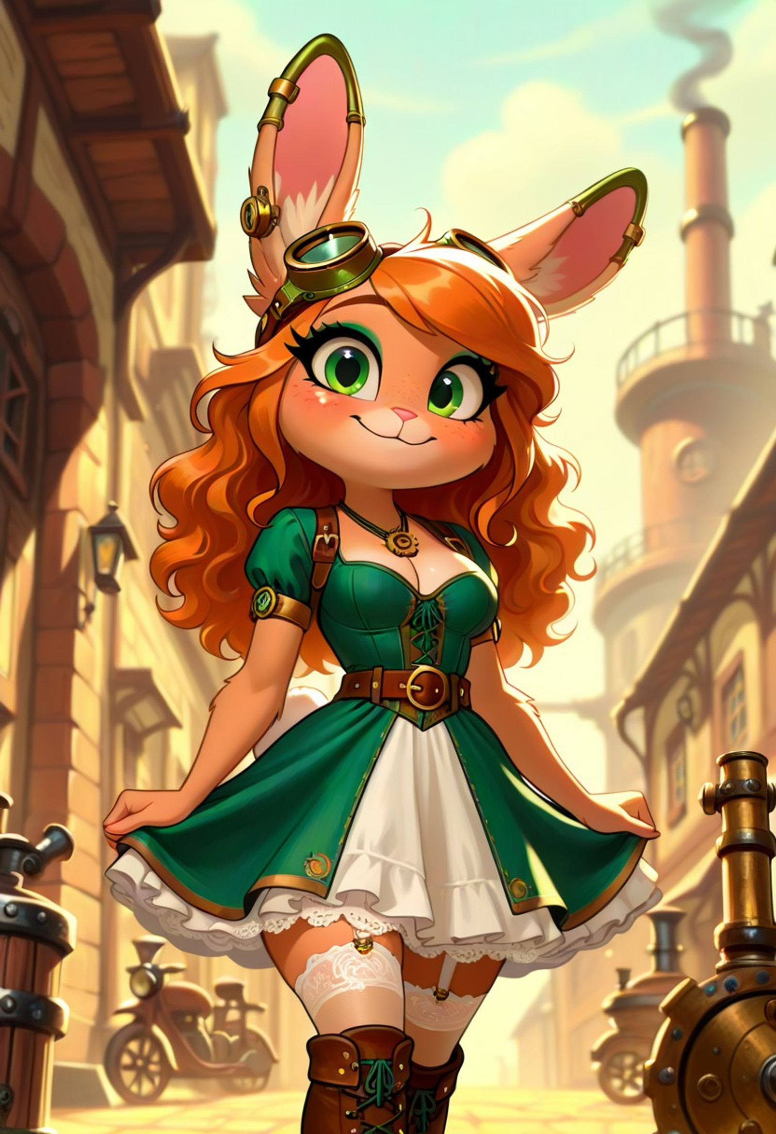 masterpiece, best quality, newest, very awa, cartoon, toon, outdoors, steampunk city, smoke stacks, pipes, haze, summer time, SFW,
(solo, anthro bunny girl, fluffy fur, pierced ears, shortstack, medium breasts, (long hair, ginger hair, swept bangs, wavy hair, sidelocks), green eyes, long eyelashes, (green eyeliner:1.2), (freckles:1.3), steampunk goggles, gear necklace, (green steampunk dress, gear details, short sleeves, cleavage, white lace petticoats), (brown belt, belt pouches), tan stockings, brown boots, looking at viewer, shy smile, head tilted)