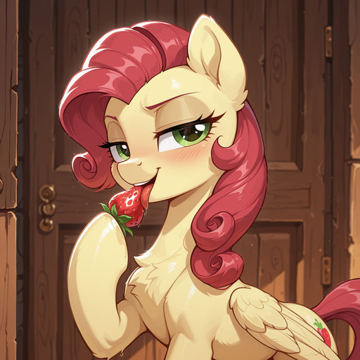 masterpiece, best quality, amazing quality, very aesthetic, absurdres, newest, Ultra-HD-detailed, 1girl, solo, my little pony, feral, feral pony \(mlp\), pony,  mare, quadruped, anatomically correct,  ct-mlp, pony, curly brilliant crimson hair, green eyes, very light yellow body, feather wings, smug, floating strawberry, licking strawberry, red tongue, blush