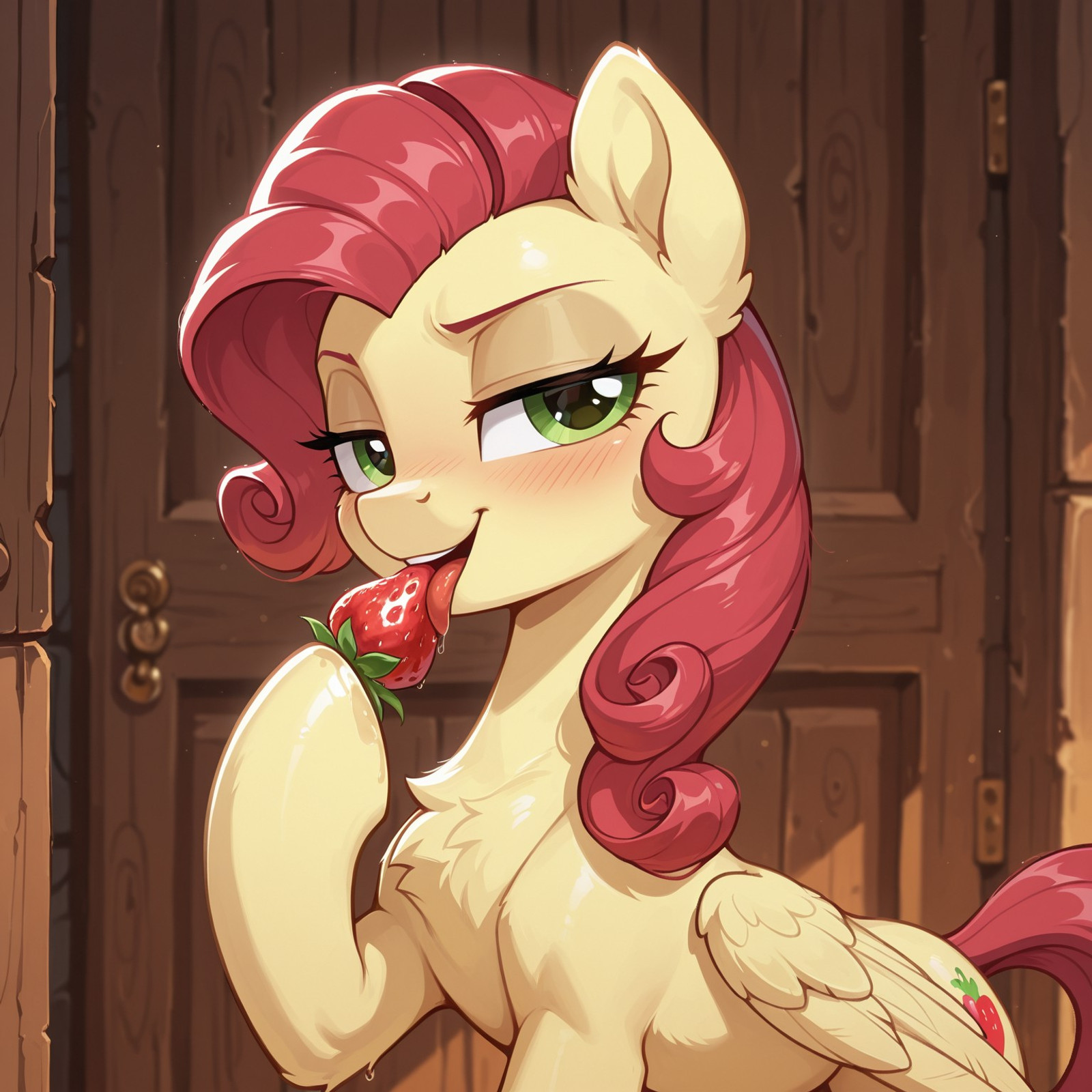 masterpiece, best quality, amazing quality, very aesthetic, absurdres, newest, Ultra-HD-detailed, 1girl, solo, my little pony, feral, feral pony \(mlp\), pony,  mare, quadruped, anatomically correct,  ct-mlp, pony, curly brilliant crimson hair, green eyes, very light yellow body, feather wings, smug, floating strawberry, licking strawberry, red tongue, blush