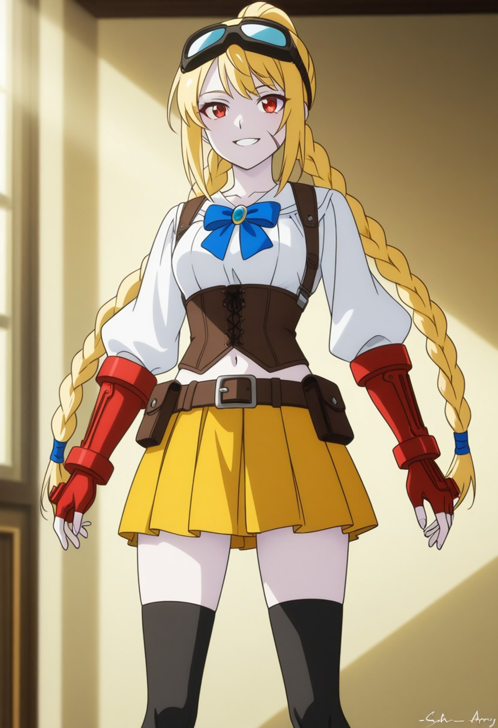 Makeup, ponytail, sidelocks, bangs, anime screencap, thigh-highs, navel, belt, In a stunning anime-style scene, Cammy White is depicted as a figure of extraordinary natural beauty, standing confidently with her signature long blonde hair styled in twin braids. Her expression is brightened by a spirited grin and a slight flush of color on her cheeks, while a faint, distinctive scar adds a touch of seasoned character to her face. (no ears visible) In a cozy, sunlit apothecary, an alchemist with pale skin, red eyes, and a sleek white bob stands amidst her craft. She wears a crisp white blouse with puffed sleeves, accented by a vibrant blue bow and a large turquoise gemstone. Her silhouette is defined by a sturdy brown leather corset with silver buckles and a matching utility belt, paired with a pleated mustard-yellow skirt. Dark tactical straps on her arms and silver-rimmed aviator goggles atop her head complete her adventurer aesthetic.