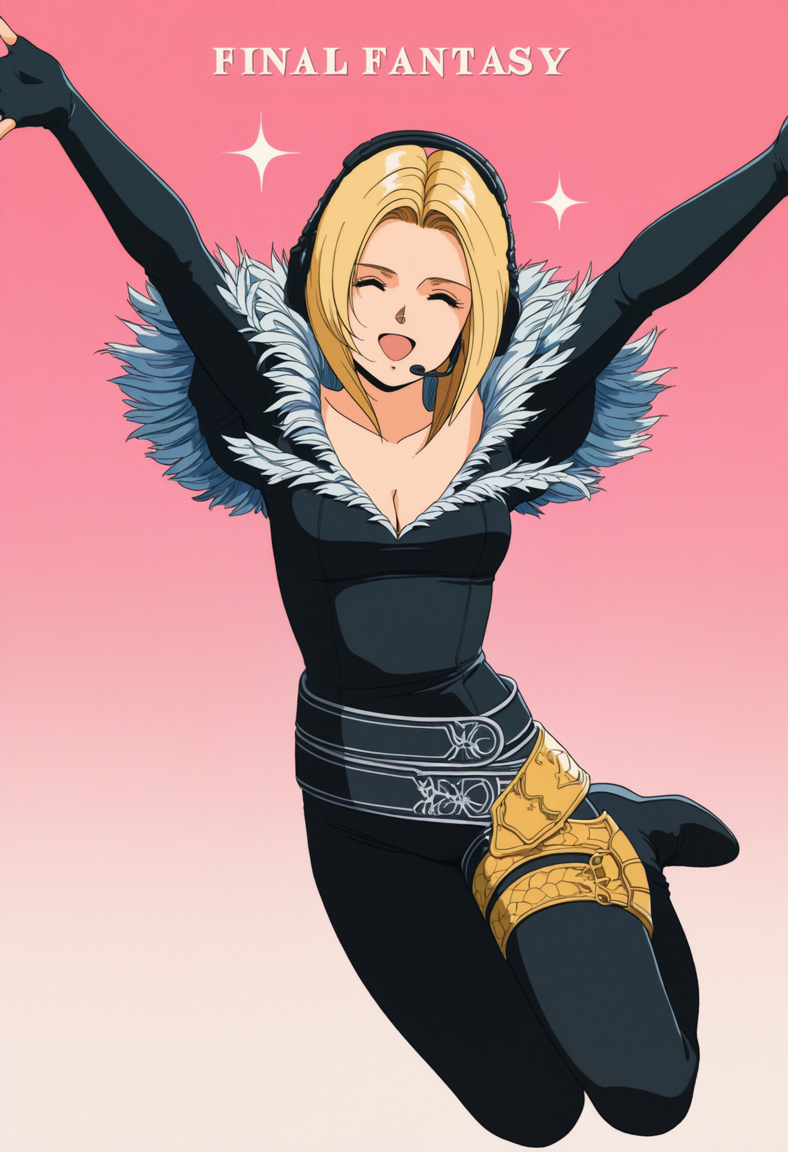 masterpiece, best quality, 1girl, jumping, midair, :d, 1980s \(style\), \\o/, album cover, <lora:BenediktaFF-illu:1> blonde hair, parted hair, inverted bob, closed eyes, black bodysuit, feather trim, cleavage, black capelet, long sleeves, fingerless gloves, loose belt, gold thigh strap, black footwear, sparkle, copyright name, final fantasy, pink background, gradient background, headset, headphones