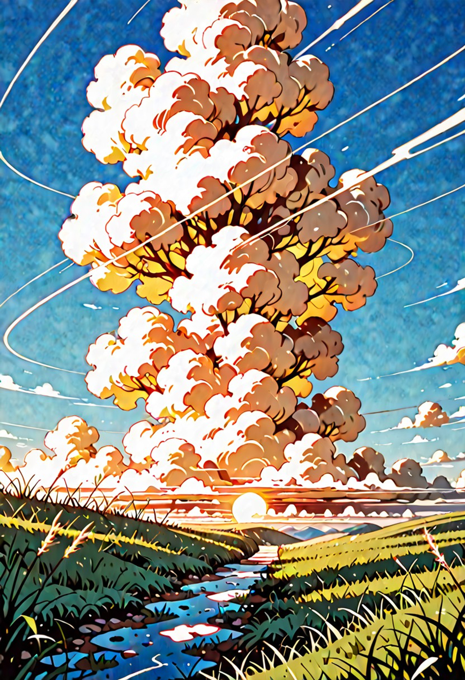 Studio Ghibli Style - Anime style image. A rolling green hill covered in vibrant, lush grass. The grass has a slight texture and gradient due to the light.
A bright, clear, sunny day with a deep blue sky dotted with puffy, white cumulus clouds. The scene is outdoors with no visible signs of civilization beyond the grass.
Natural sunlight, providing even illumination across the scene, creating soft shadows and highlighting the texture of the grass.
Wide-angle shot with a low horizon line, emphasizing the vastness of the sky and the rolling landscape. The composition is simple and balanced, drawing the eye across the scene.