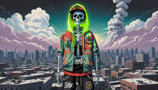 a skeleton with hip-hop clothes on and a neon hoodie