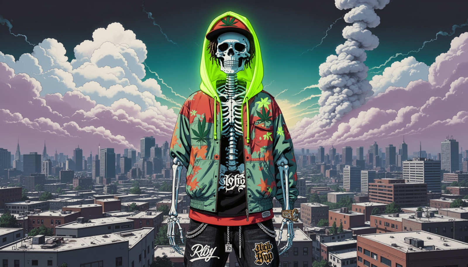 a skeleton with hip-hop clothes on and a neon hoodie