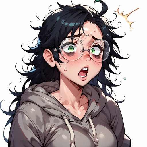 2D, saxwakuystyle, score_9, score_8_up, score_7_up, score_6_up, score_5_up, score_4_up, high detail, high contrast, amazing quality, Dynamic lighting, 1girl, NEET girl, futanari, solo, black hair, long hair, messy hair, unkempt hair, green eyes, bags under eyes, round glasses, gray hoodie, hoodie down, portrait, horny, surprise face, blushing, sweatting, open mouth, white background,