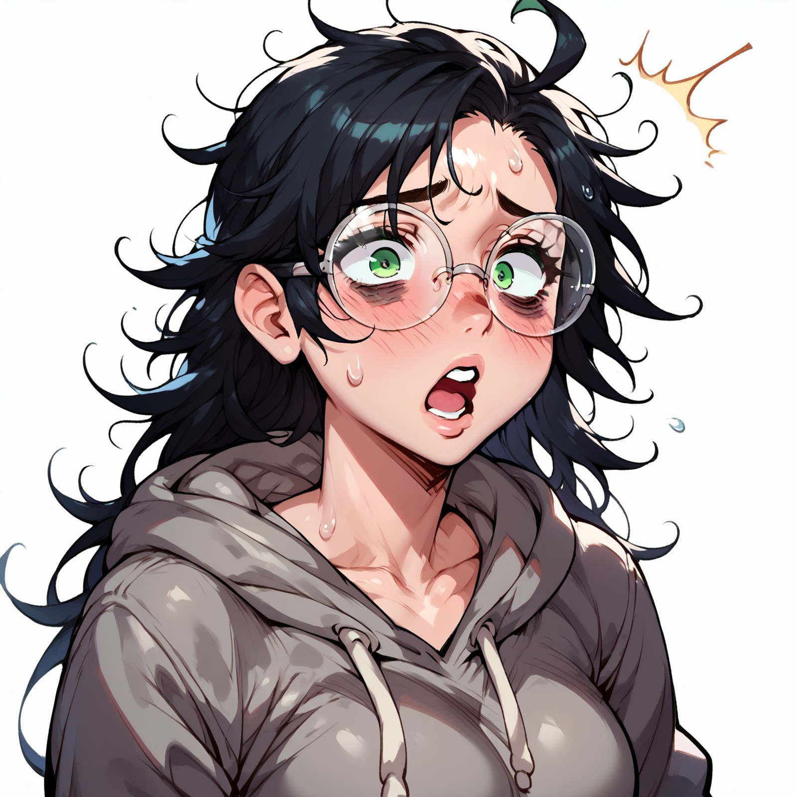 2D, saxwakuystyle, score_9, score_8_up, score_7_up, score_6_up, score_5_up, score_4_up, high detail, high contrast, amazing quality, Dynamic lighting, 1girl, NEET girl, futanari, solo, black hair, long hair, messy hair, unkempt hair, green eyes, bags under eyes, round glasses, gray hoodie, hoodie down, portrait, horny, surprise face, blushing, sweatting, open mouth, white background,