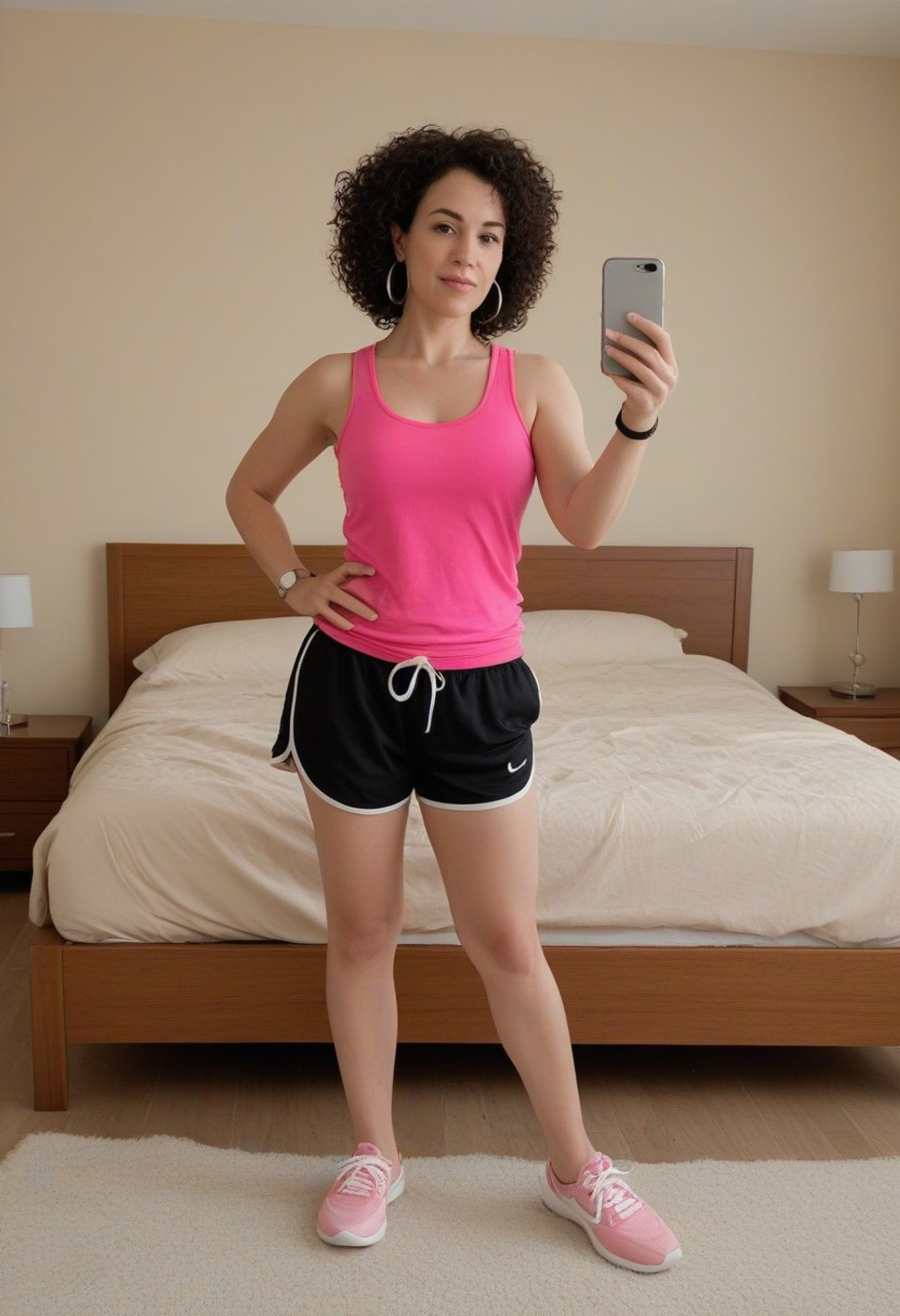 Realistic photo, A naive 47 yo female without a clue, taking a mirror selfie in a bedroom. She has short, curly dark hair and is wearing a sleeveless, bright pink tank top with black athletic shorts. She is accessorized with small hoop earrings and a wristwatch. Her left arm is resting on a wooden bed frame, revealing a toned and muscular arm. She is wearing light pink athletic shoes with white soles, and her stance is relaxed with her right leg slightly bent. The background features a wooden bed with a beige blanket, some clothes on the bed, and a neutral-colored wall. The overall scene exudes a casual, sporty, and self-assured vibe. 8k, hyperrealistic, modern glamour photography, sharp focus, professional studio quality