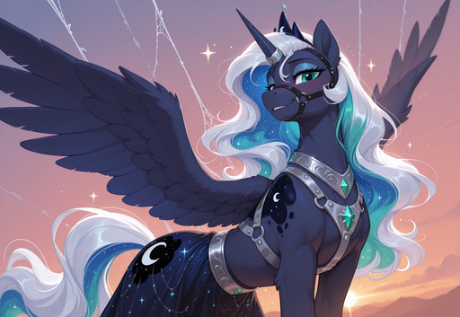 masterpiece, best quality, vibrant colors, sunset gradient background, featureless background, absurdres, newest, my little pony, safe, pony, feral, female, equid, solo, princess Luna (mlp), tall, long hair, elegant, slender, elaborate harness, (alternate design:1.4), sparkles, wisps, blush, confident, smile, emeralds, metal ornaments, bridle, silk, glowing silver, arabic, indian, dress armor, posing, looking at viewer, wings, horn ring