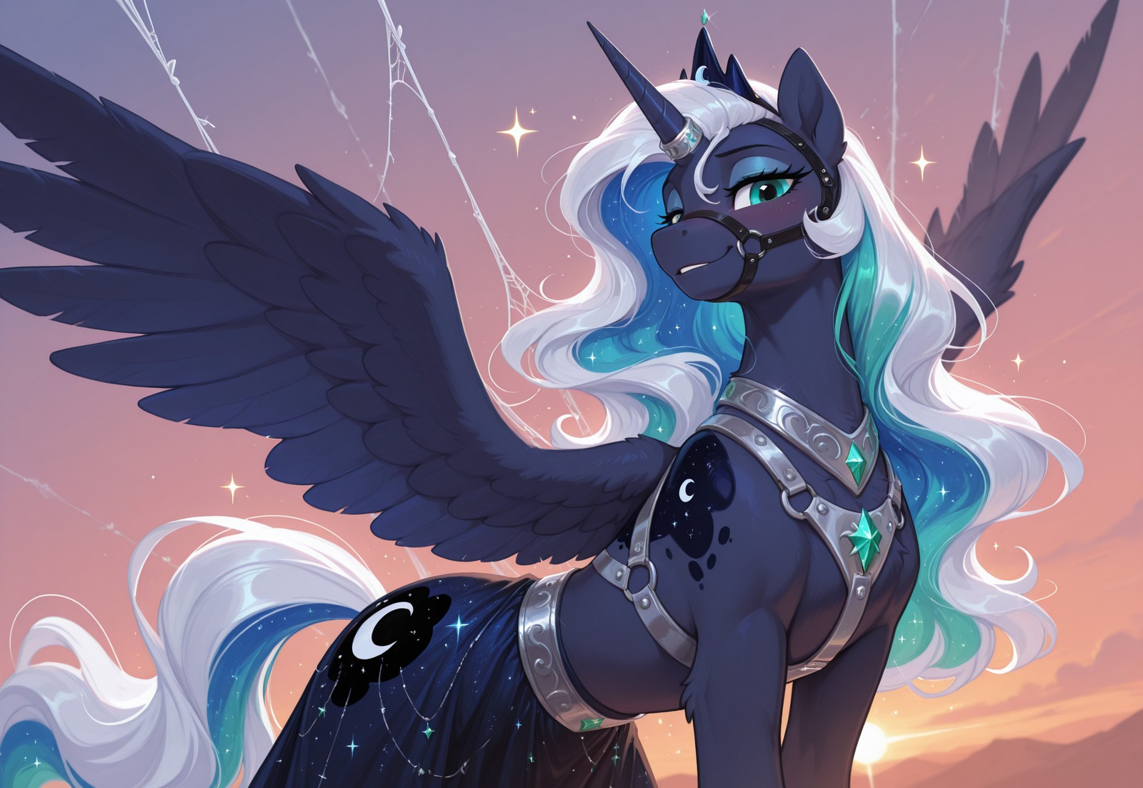 masterpiece, best quality, vibrant colors, sunset gradient background, featureless background, absurdres, newest, my little pony, safe, pony, feral, female, equid, solo, princess Luna (mlp), tall, long hair, elegant, slender, elaborate harness, (alternate design:1.4), sparkles, wisps, blush, confident, smile, emeralds, metal ornaments, bridle, silk, glowing silver, arabic, indian, dress armor, posing, looking at viewer, wings, horn ring