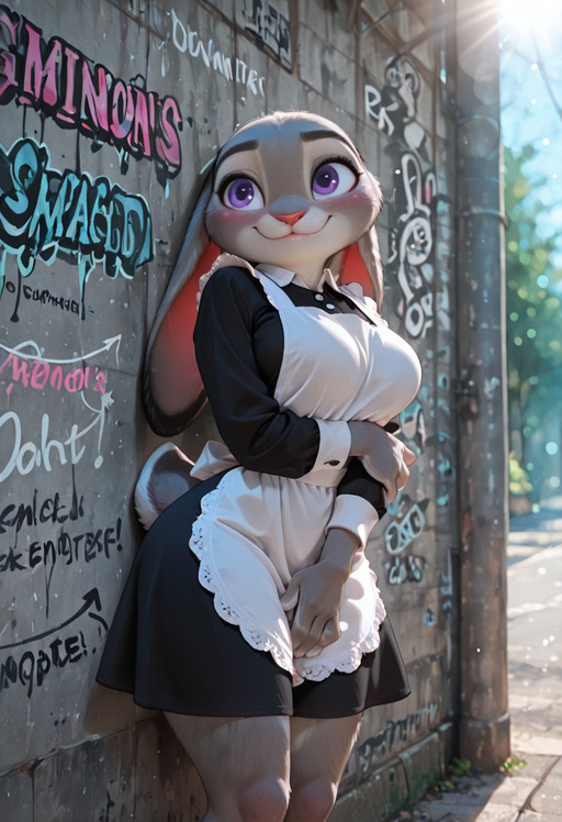 masterpiece, best quality, absurdres, highres, high quality, highly detailed, official art, 3d, amazing quality, detailed background, dramatic lighting, rim lighting, fill light, (bokeh:1.5)   ,
JudyHopps, solo, purple eyes,  thin waist, wide hips, furry female, bunny girl, bunny ears,  ears down, rabbit tail, ((ultra detailed fur:1.5)), Judy Hopps, thin waist, big rabbit tail, big detailed purple eyes, curious look, tilted head, shy smile BREAK   dynamic pose,  presenting, perfect huge breast, saggy breasts, long legs, soviet school uniform, long sleeves, dress, black dress, white apron, nm_graduation, leaning against a concrete wall full of graffiti, russian words on wall, detailed background,blush, smile,   BREAK day, sun light, outdoors, soviet street, 8k, UHD, HD, absurdres, masterpiece, intricate detail, highly detailed, fill light, cinematic lighting, photorealistic, g0th1c <lora:judyhopps-v3-Yiffy:0.2> <lora:incoth:0.5> <lora:AddMicroDetails_NoobAI:0.5> <lora:NM_graduation:1>
