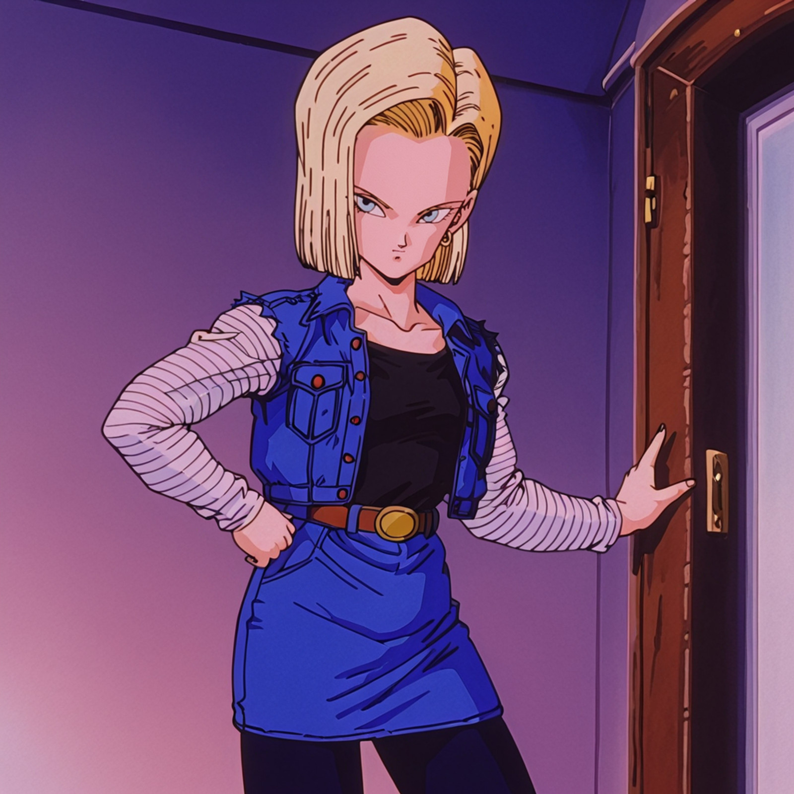 <lora:Android18DBZ_illustrious_v1:1> Android18DBZ, 1girl, blonde hair, android 18, pantyhose, retro artstyle, short hair, 1990s (style), blue eyes, vest, striped sleeves, long sleeves, belt, shirt, denim jacket, denim skirt