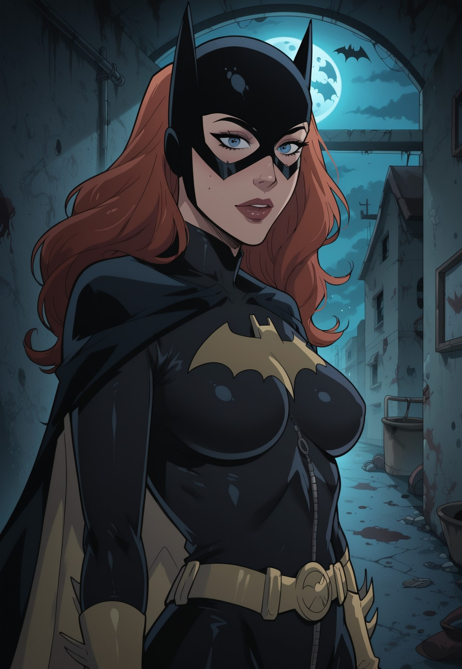 masterpiece, best quality, highly detailed, score_9, score_8_up, score_7_up, 1woman, adult, mature, milf, milfication,mature female,

Batgirl_vVonka, long hair, bodysuit, mask,

Medium breasts, seductive, slutty, confident woman, fit body, 

Standing, 

Indoors, abandoned hospital, ruanyi0703, dark, night, evening, clown costumes around, mannequins,

Semi-realism, creative angle, upper body, close-up, 
