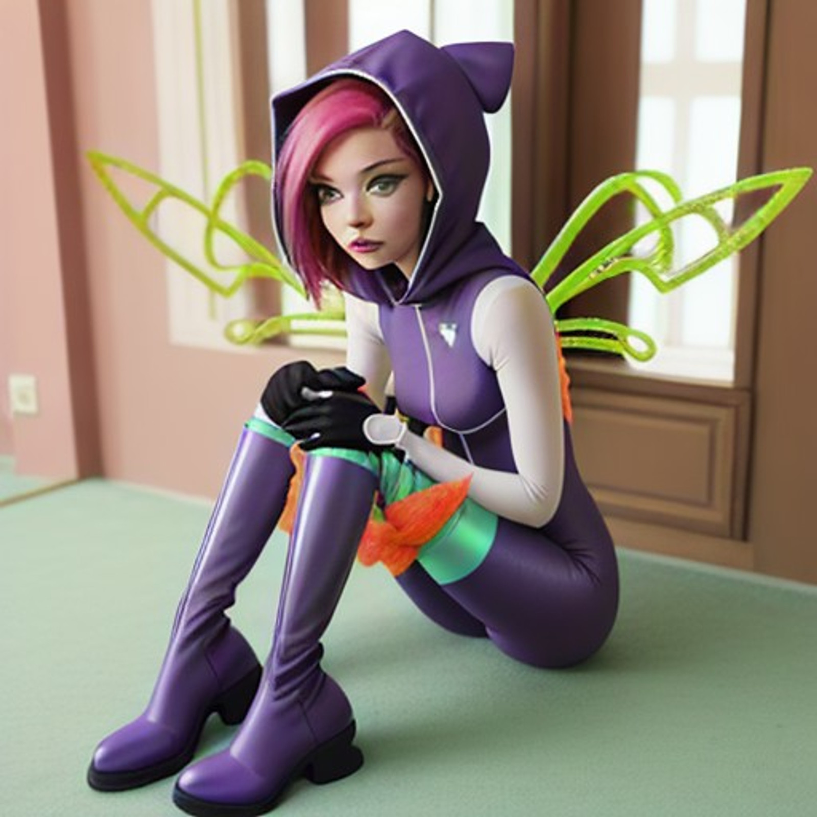 Tecna, (pink hair, green eyes, short hair),(FairyOutfit), (purple bodysuit, purple hood, gloves, knee boots, sparkling outfit, fairy wings), sitting on floor, 1girl, solo, full body, cartoon style