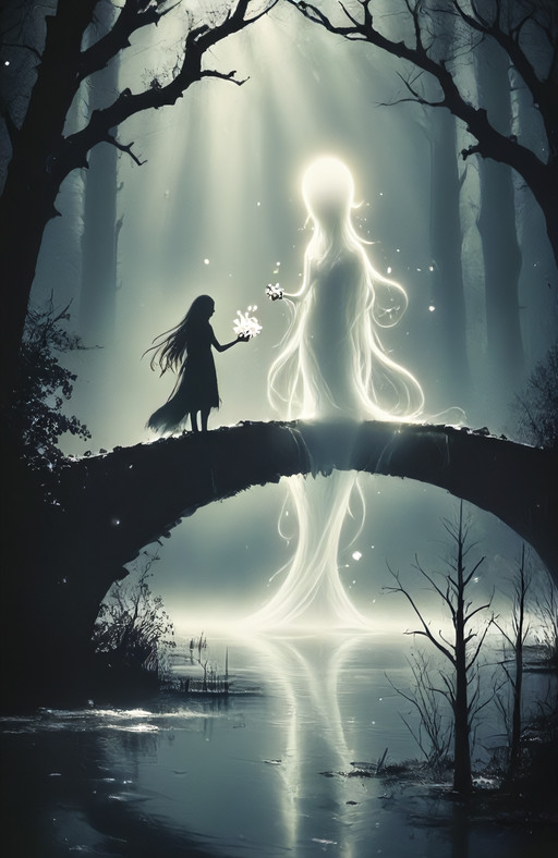 A spectral figure stands poised on the edge of an arched stone bridge that cuts horizontally across the midground, its silhouette sharp against the hazy backdrop; long hair streams behind it like ink in water, and one hand holds aloft a small cluster of glowing white petals or sparks. Opposite them rises a towering luminescent entity composed entirely of soft-edged white light â bulbous at the top with tendrils unfurling downward into flowing ribbons that dissolve as they near the surface below.
Above, gnarled branches frame the upper corners of the composition, their dark silhouettes sharply defined against shafts of pale vertical light piercing through misty layers; these rays create a cathedral-like atmosphere where dust motes or floating particles catch and scatter like suspended snowflakes. Below, calm waters reflect muted tones while bare skeletal trees emerge from shallow edges near the foreground right â thin limbs reaching upward without leaves, adding organic rhythm to the lower third.
The color palette remains cool throughout: slate grays blend with seafoam greens and misty blues; shadows deepen toward charcoal on the left side of frame where dense foliage presses against the viewerâs space, while highlights flare softly around both central figures â particularly along trailing edges and reflective surfaces like water or polished stone. Light behaves almost ethereally here â not falling straight down but diffusing sideways through atmospheric density, creating halos and soft gradients that soften transitions between objects and voids alike.
Composition balances asymmetry with harmony: the diagonal line formed by the bridge edge contrasts gently against vertical tree trunks in background layers; foreground elements anchor without overwhelming sightlines toward center stage where interaction occurs â subtle tension exists between grounded presence of small figure versus weightless buoyancy above waterline. Texture varies subtly across surfacesâsmoothness implied on creature-like forms juxtaposed with rough bark patterns, rippling water textures hinted at through fine linear marks near base levelsâand overall mood carries quiet reverie underscored by chiaroscuro effects achieved primarily through controlled contrast rather than harsh edges alone.