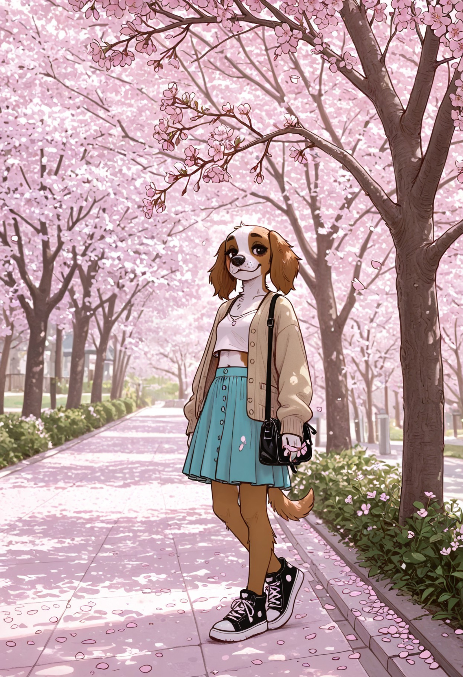 best quality, amazing quality, very aesthetic, absurdres, newest,  unusual background ,    by lando, by sicklyhypnos , furry , cardigan, Spaniel, flared skirt, crop top, woven bag, accessories, shoes, cherry blossoms