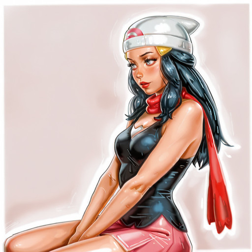 <lora:misterjer_illustrious_v1:1> score_9, misterjer_style, misterjer, source_artwork <lora:DawnPokemon_illustrious_v1:.7> DawnPokemon, 1girl, solo, hat, red scarf, beanie, pink skirt,  white headwear, long hair, grey eyes, hair ornament, eyelashes, black hair, hairclip, sleeveless shirt, black shirt