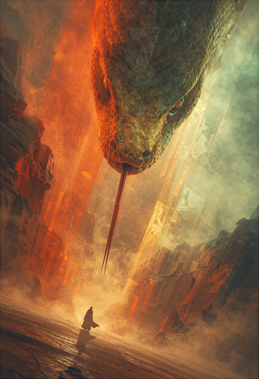 HYFpunk, A vertical cinematic fantasy image of a colossal serpent head descending from above inside a surreal desert canyon, facing a tiny cloaked figure standing far below on a reflective wet ground. The serpent should feel enormous and ancient, with detailed stone-like scales, narrow glowing eyes and a long forked tongue extended downward, almost reaching the small figure without touching them. Leave a clear but tense distance between the tongue and the figure, making the moment feel silent, dangerous and monumental.  The scene uses a strong dutch tilt and visible motion energy, as if the world is shifting under the pressure of the creatureâs presence. The canyon walls lean diagonally through the frame, and the translucent geometric light structures stretch upward like unstable glass towers. The background should feel adapted from a surreal desert architecture: rocky cliffs, soft mist, glowing rectangular panels, heat haze and abstract orange light columns fading into pale green sky.  The color palette should follow warm desert sci-fi tones: intense orange, burnt red, amber gold, dusty sandstone, muted teal, pale mint green and soft atmospheric beige. Lighting is dramatic and cinematic, with orange glow from the left side, cool green haze from the right, and a bright golden mist behind the tiny figure. Add subtle motion blur in the drifting sand, vertical light panels, fog and the serpentâs tongue, while keeping the serpentâs eyes, scales and the small human silhouette sharply readable. The image should feel mythic, surreal, tense and beautiful, with painterly realism, strong scale contrast and a powerful vertical composition. <lora:ta86_yal_HYFpunk_V1:0.4> <lora:zit_ta86_paintitv2:0.3>