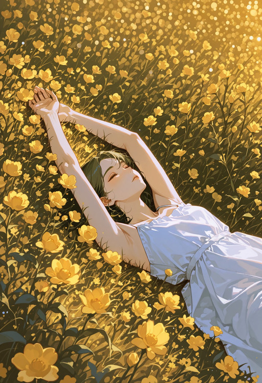 SemiRrealism, A woman, viewed from above, sleeps peacefully with her arms above her head in the field of yellow flowers, her style radiating through every detail of her appearance. Her body is swathed in a light blue sundress, with spaghetti straps that seem to be made for comfort rather than style like a whispered promise that's been shared with no one. The dress appears to be flowing gently in the breeze, adding a touch of elegance and whimsy to the scene. A field of yellow flowers surrounds her, stretching out endlessly like a sea of golden sunlight. The bright sunny day casts a warm glow over the scene, highlighting the beauty of the woman and the flowers. Bokeh effects blur the background, adding a sense of intimacy and quiet contemplation to the moment like a secret that's been shared with just one person. Every detail of this image feels alive and tangible. The woman lies peacefully, her body relaxed and serene like a work of art that's been carefully crafted by the finest hands. Her features seem to be soft and gentle, adding a touch of sweetness and innocence to the scene.