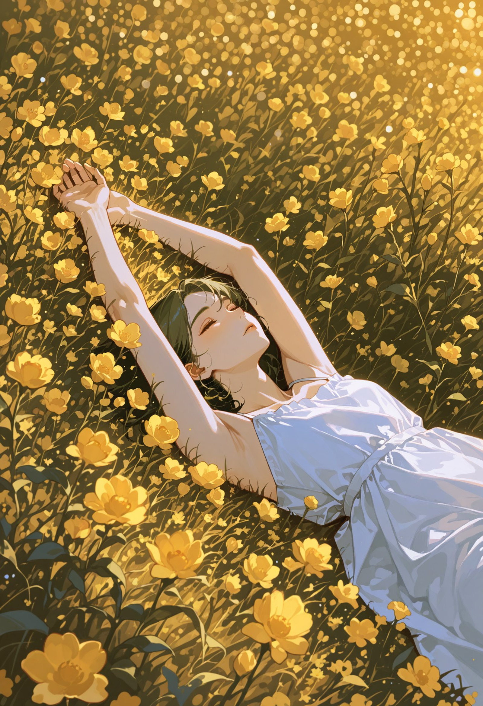 SemiRrealism, A woman, viewed from above, sleeps peacefully with her arms above her head in the field of yellow flowers, her style radiating through every detail of her appearance. Her body is swathed in a light blue sundress, with spaghetti straps that seem to be made for comfort rather than style like a whispered promise that's been shared with no one. The dress appears to be flowing gently in the breeze, adding a touch of elegance and whimsy to the scene. A field of yellow flowers surrounds her, stretching out endlessly like a sea of golden sunlight. The bright sunny day casts a warm glow over the scene, highlighting the beauty of the woman and the flowers. Bokeh effects blur the background, adding a sense of intimacy and quiet contemplation to the moment like a secret that's been shared with just one person. Every detail of this image feels alive and tangible. The woman lies peacefully, her body relaxed and serene like a work of art that's been carefully crafted by the finest hands. Her features seem to be soft and gentle, adding a touch of sweetness and innocence to the scene.