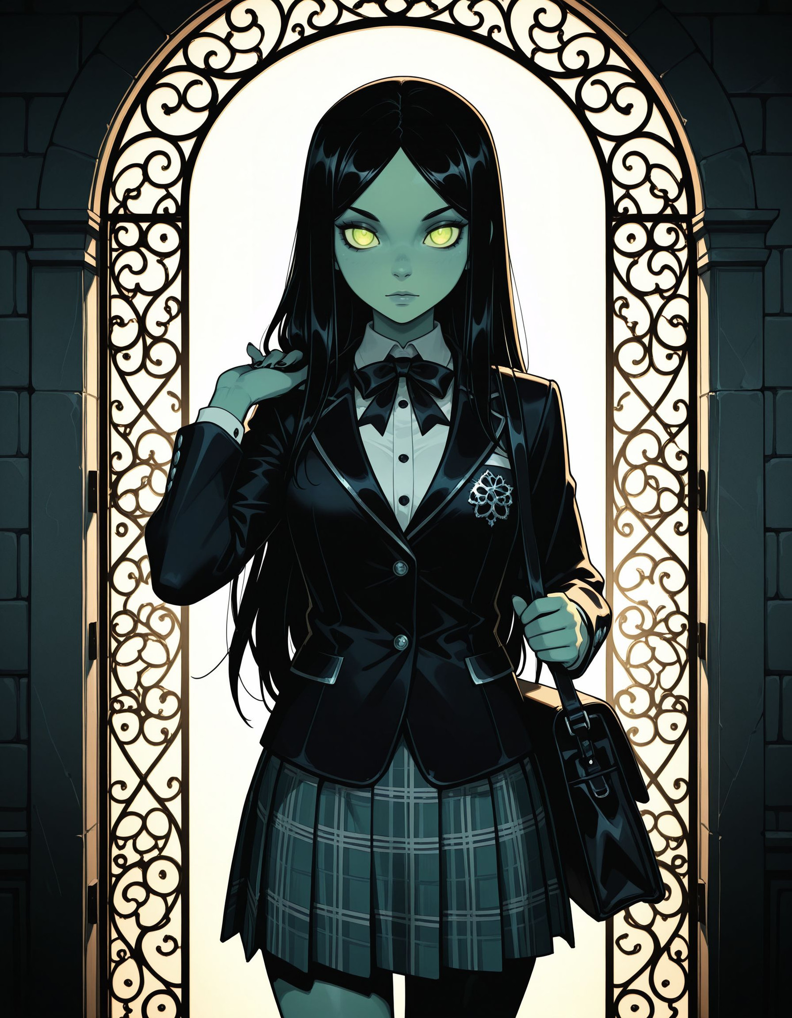 gothic aristocrat aesthetic, ultra-detailed fabric textures, intricate lace, volumetric lighting, symmetrical composition, cinematic shadows, high contrast, film still, masterpiece, best quality, solo, 
<lora:OCGav1n4:1.0>
OCGav1n4, long hair,  black hair, green skin, green eyes,
looking at viewer, 
standing at school gate entrance, adjusting shoulder bag strap, fitted blazer and plaid skirt, morning light casting long shadows