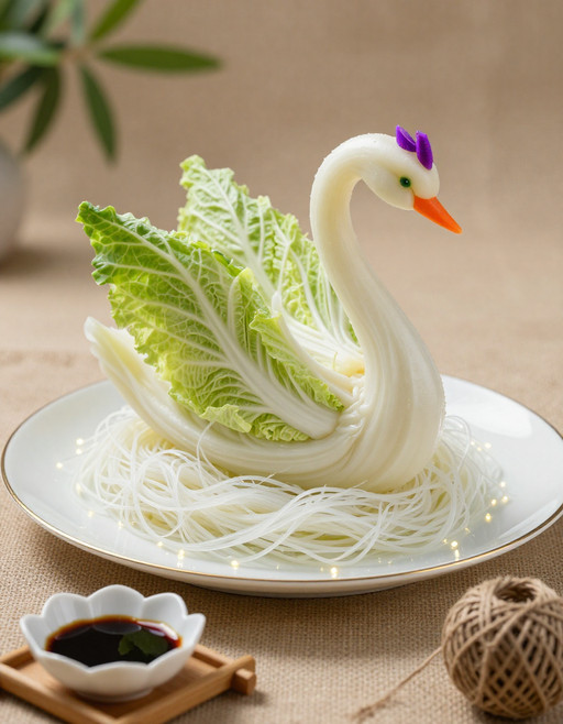 A meticulously crafted culinary art piece resembling a graceful white é³³å°, formed from blanched cabbage for the body and vibrant green cabbage leaves for the wings, set elegantly on a bed of delicate white shredded vegetables or noodles. The swan's head is fashioned from a smooth white vegetable with a bright orange carrot beak and small purple vegetable pieces for a crest, accented by subtle green eyes. It rests on a pristine white plate with a golden rim, surrounded by scattered luminous particles, creating an ethereal glow. The composition features a shallow depth of field, with soft, diffused lighting highlighting the fresh textures and delicate details of the food. In the foreground, a lotus-shaped white dish holding dark soy sauce on a wooden tray adds an authentic touch, while a rustic twine ball sits opposite, all set against a warm, textured burlap-like background with a hint of blurred greenery in the far distance, creating a serene and inviting ambiance. The overall impression is one of high-resolution, professional food photography, emphasizing artistry, freshness, and sophisticated presentation. <lora:zedTurboLightning.RIhY:1> <lora:training_7154640-20260228235434916:0.4>