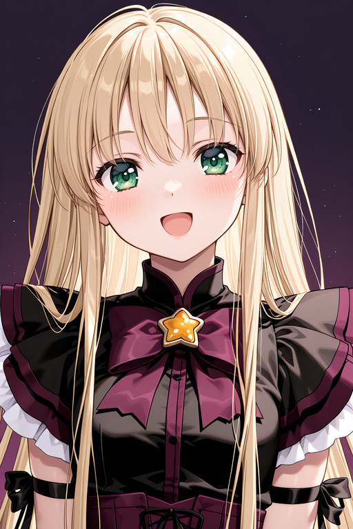 masterpiece, best quality, absurdres, general BREAK<lora:magical-exceedmint_IL_v2-1:0.7>, cbe-mint, 1girl, solo, green eyes, blonde hair, light brown hair, very long hair, sidelocks, straight hair, petite, flat chest, magical girl, no headwear, black dress, short dress, sleeveless dress, purple bowtie, star brooch, blue star, shoulder pads, arm ribbon, black ribbon, black gloves, purple corset, upper body, portrait, close-up, simple background, gradient background, purple background,
blush, :d, looking at viewer, open mouth