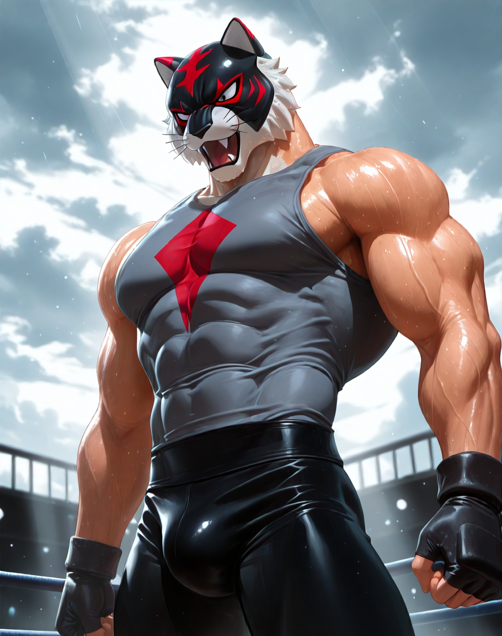 BREAK: high contrast, depth of field, Fresh Atmosphere, Clean Composition, Masterpiece, Best Quality, Smooth Details, vivid colors, 
exterior, Clean Composition, Masterpiece, Best Quality, depth of field, no crowd, private outdoor training area, dynamic lighting, vivid sky, nature, cloudy overcast sky, wrestling ring, 
BREAK:
<lora:TiDa_(Tiger_Mask)_(Illustrious)_(AD):1.5> TiDa, muscular, tiger, wrestler, <lora:BSS_Visual Enhancer Slider:0.5>, <lora:Dramatic Lighting Slider:4>, <lora:AddMicroDetails_NoobAI_v3:0.4> addmicrodetails,
very awe, aesthetically pleasing, masterpiece, best quality, dutch angle,  ((solo, dynamic action, no tail, superior, ):1.5), cowboy shot,
male focus, grey shirt, grey wrestling pants, black gloves, 
muscular hips, powerful sexy male physique, large wide shoulders, wide thick protruding chest, peak physical conditioning, large bulging muscles, abs, hyper muscular,
BREAK: very awe, aesthetically pleasing, masterpiece, high score, great score, absurdres, best quality, amazing quality, very aesthetic, perfect depth of field shot, in'ei,
BREAK: lazypos,