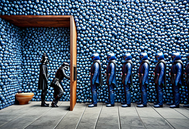 blueberrym0rph, blueberry Darth Vaders waiting in line for the toilet, blueberry wall, (all made out of bluebe