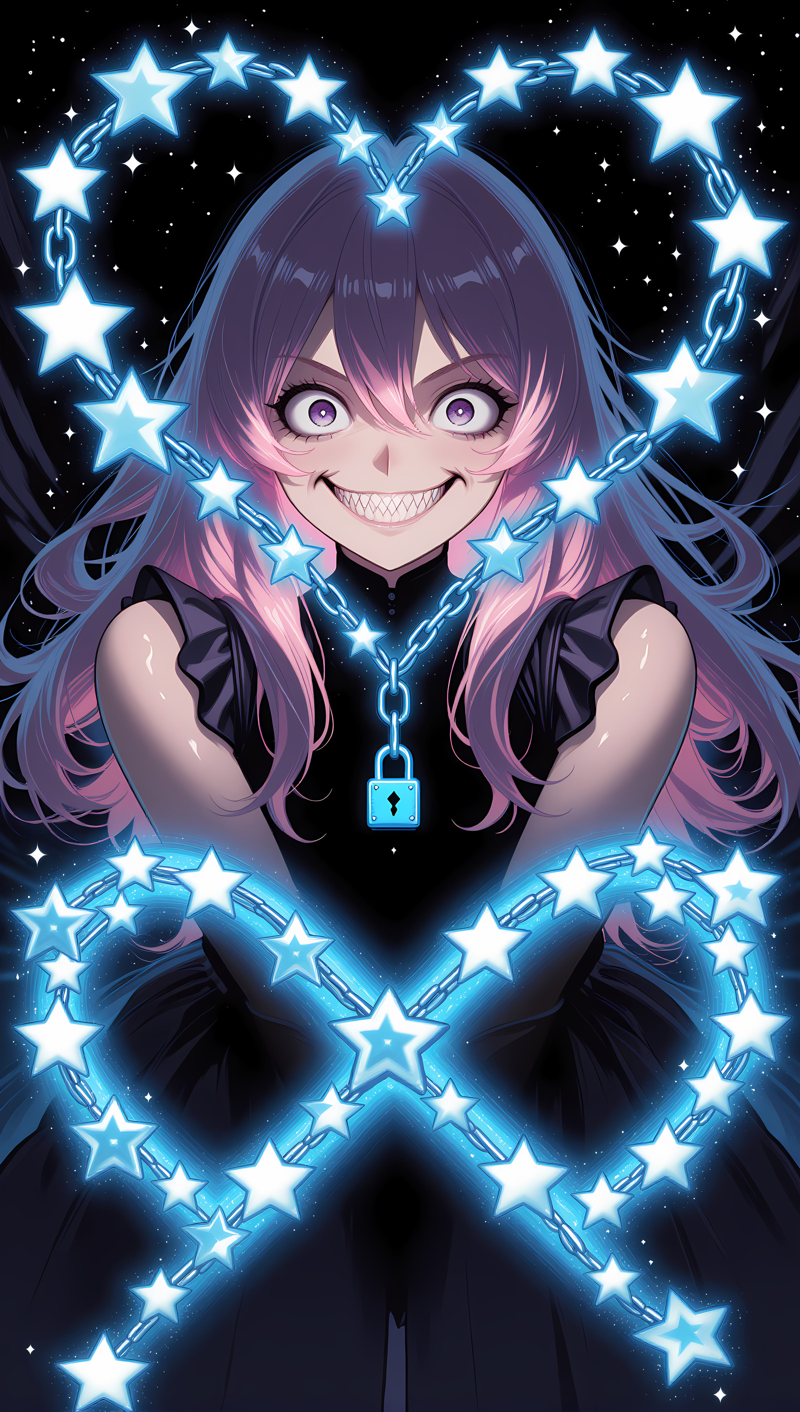 The Constellation of Vows: C1VCH4N anime woman, pink-hair, wide purple eyes, manic grin. Her silhouette is made of stars. The stars are connected by blue energy chains to form the shape of a locked heart and infinity symbol.